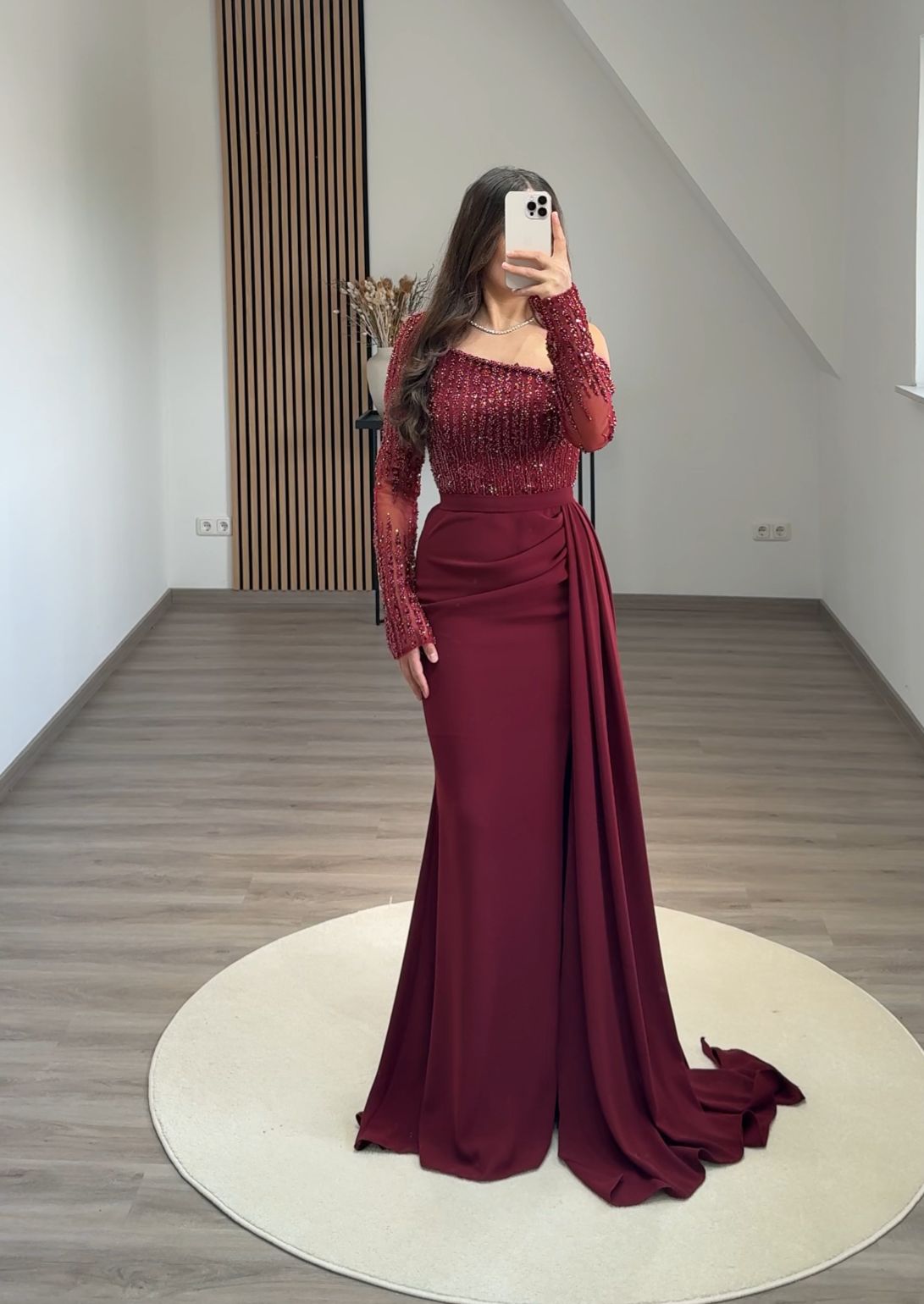 Long Sleeves Off-Shoulder Empire-Waist Evening Dress