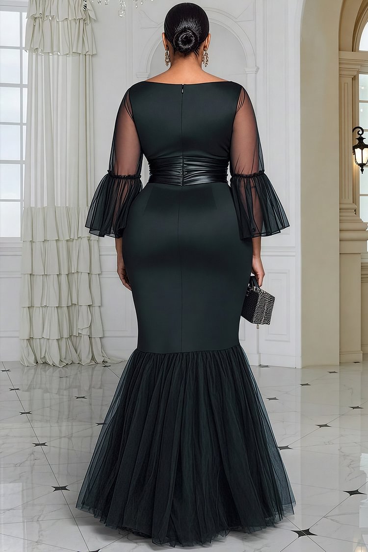 Formal Tulle Black Round Neck Flare 3/4 Sleeve Contrast Satin Maxi Dresses