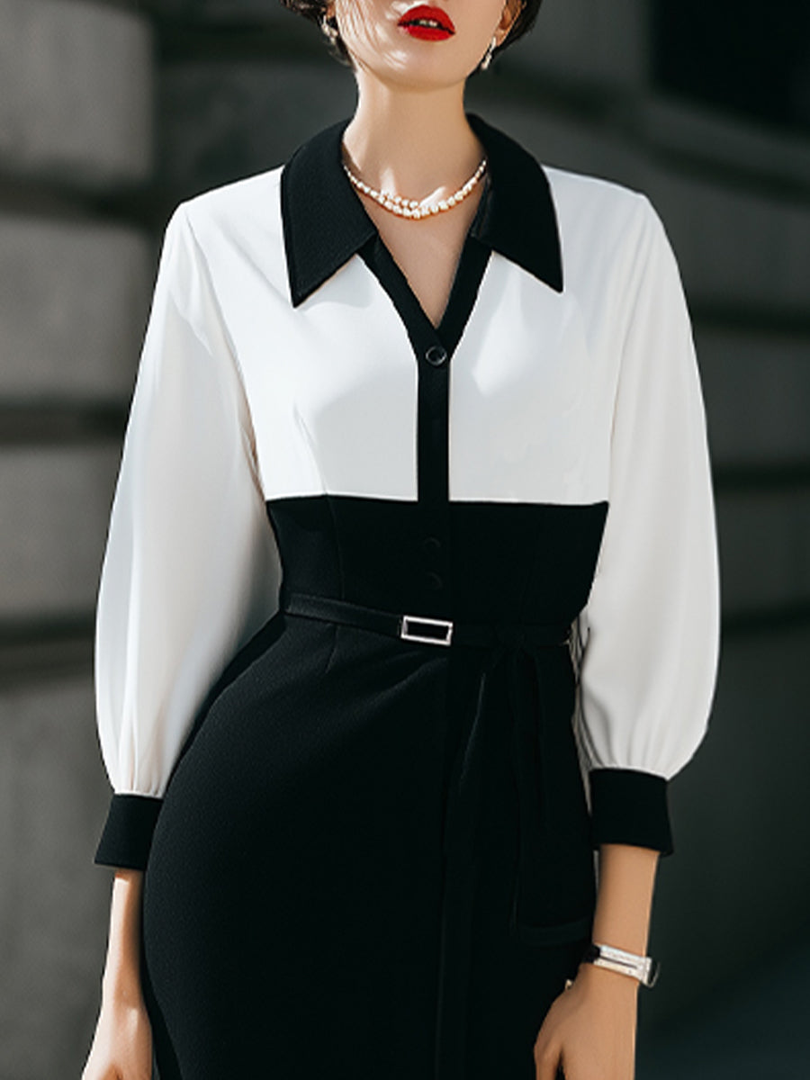 Elegant Contrast-Collar Long-Sleeve Maxi Dress