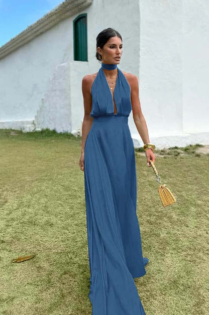 Charming Sleeveless Halter V Neck Long Prom Dress With Pleated