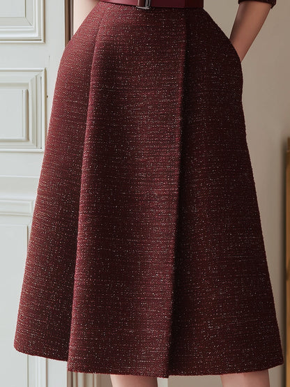 Burgundy Textured A-Line Midi Dress With Satin