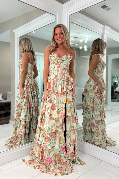 Fashion A Line Sweetheart Floral Chiffon Prom Dress with Slit