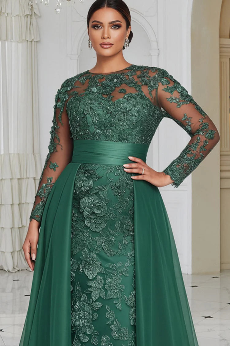 Formal Tulle Green Round Neck Long Sleeve With Skirt Overlay Lace Maxi Dress