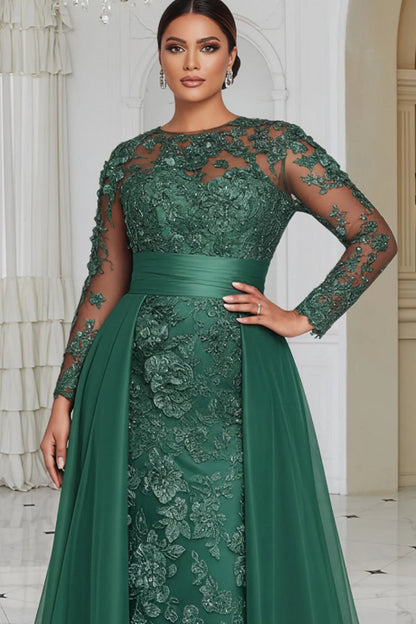 Formal Tulle Green Round Neck Long Sleeve With Skirt Overlay Lace Maxi Dress