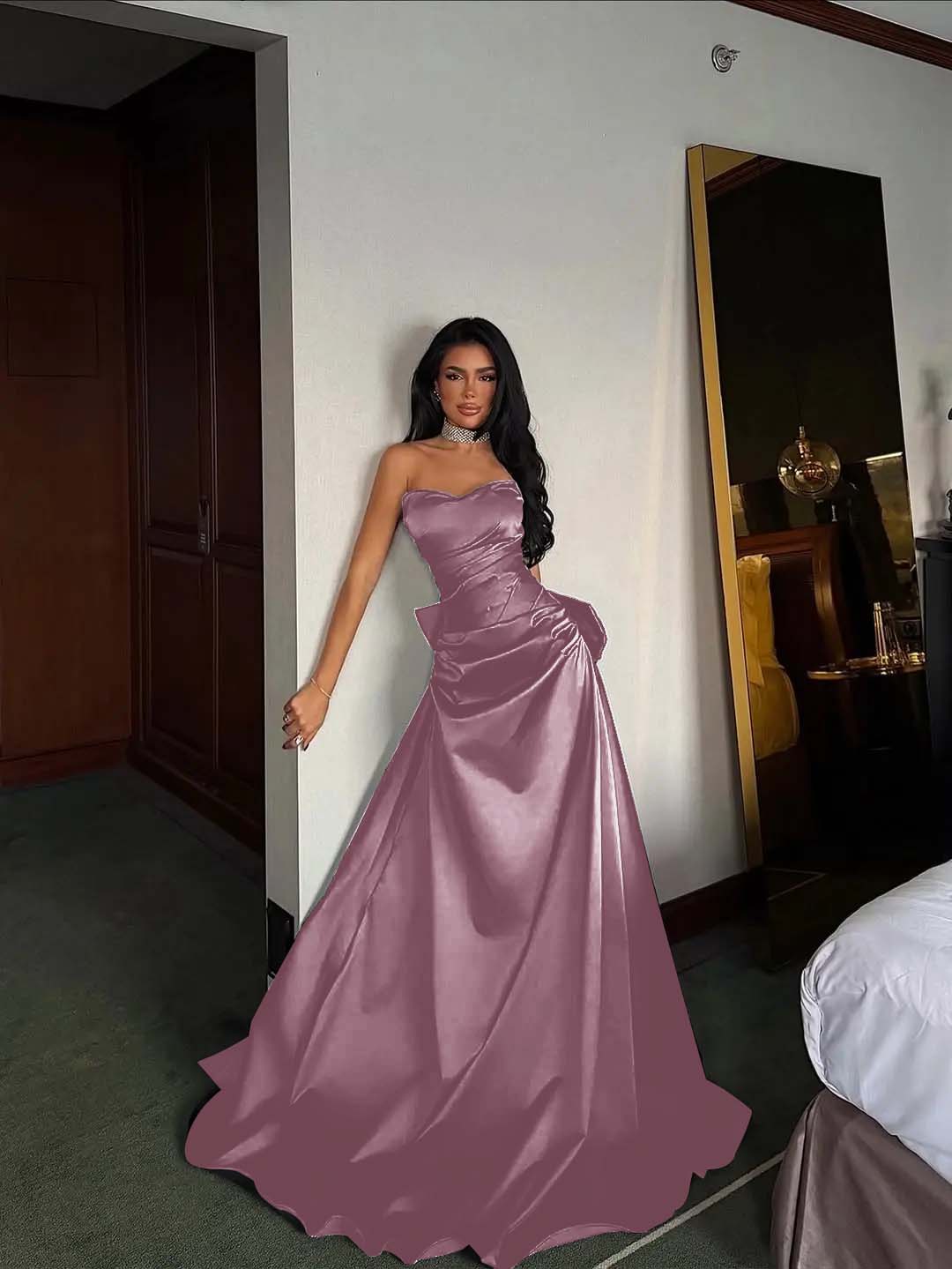 Black Satin Sweetheart Strapless Sleeveless Long A-Line Prom Dress With Pleated