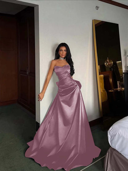 Black Satin Sweetheart Strapless Sleeveless Long A-Line Prom Dress With Pleated