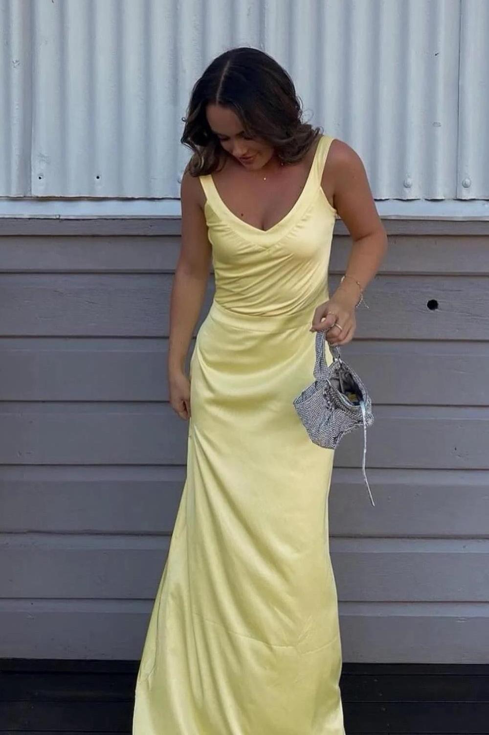 Yellow Cross Back Long Party Dress
