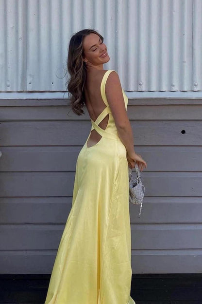Yellow Cross Back Long Party Dress