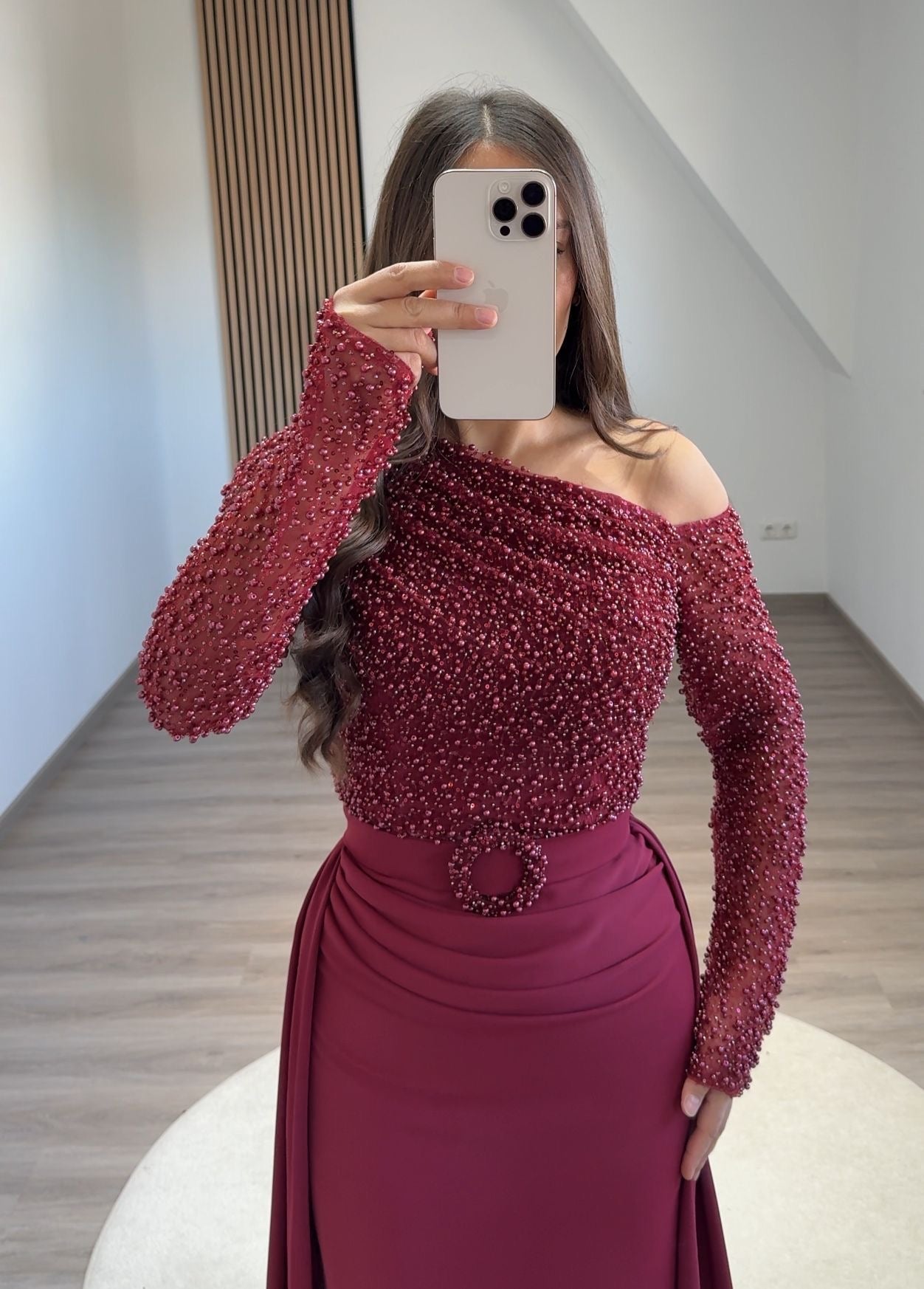 Mermaid Lace Long Sleeves Beaded Side Split Long Evening Formal Prom Dress