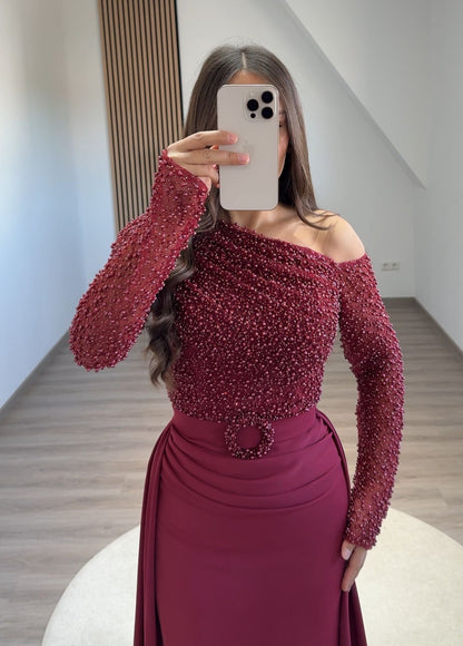 Mermaid Lace Long Sleeves Beaded Side Split Long Evening Formal Prom Dress