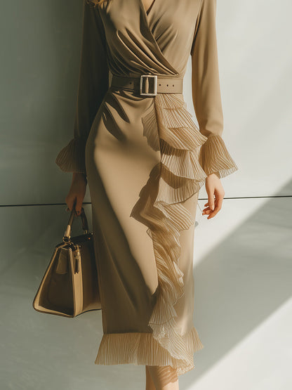 Khaki Long-Sleeve Wrap Midi Dress With Pleated Ruffle Trim