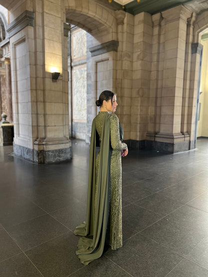 Celadon Column Beaded High Neck Long Sleeves Evening Dress