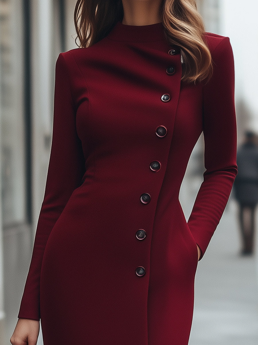 Burgundy Asymmetric Buttoned Long-Sleeve Dress