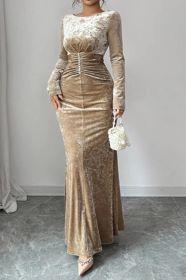 Pearl Decor Ruched Pleated Round Neck Long Sleeve Velvet Party Maxi Dress