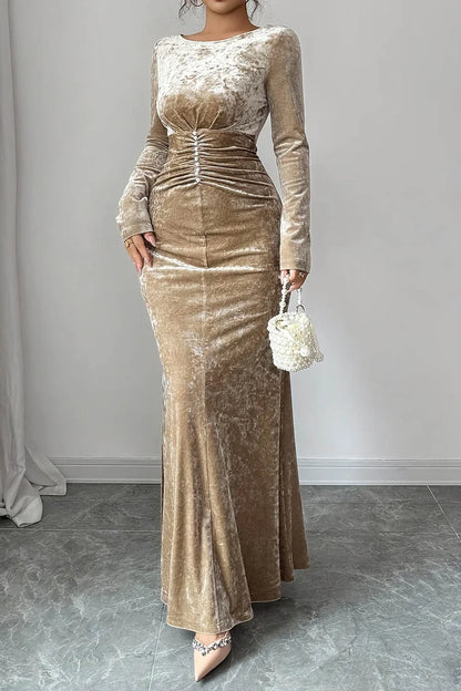 Pearl Decor Ruched Pleated Round Neck Long Sleeve Velvet Party Maxi Dress