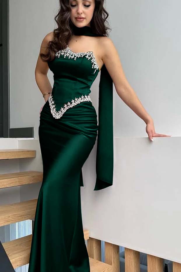 Strapless Sleeveless Long Mermaid Pleated Prom Dress With Ruffles And Appliques