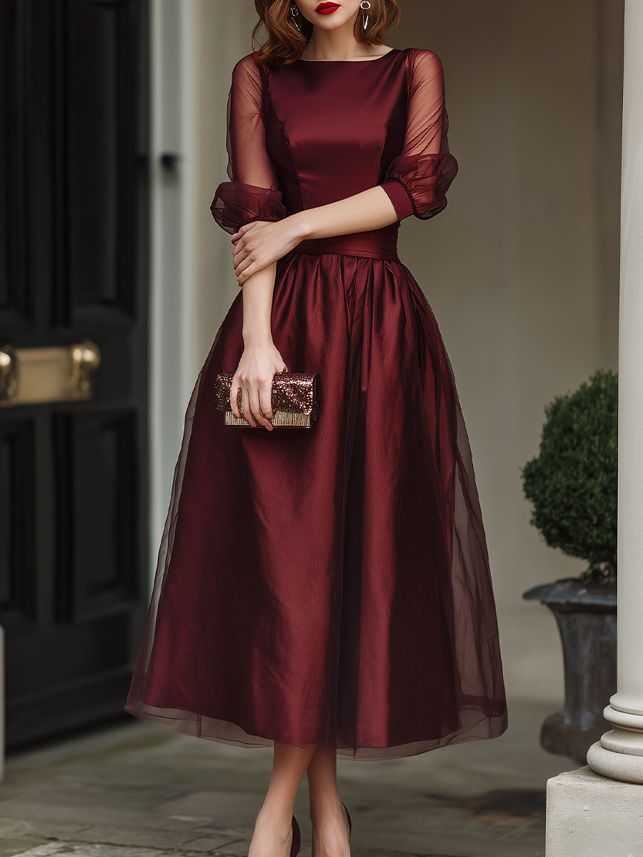 Elegant Sheer-Sleeve A-Line Midi Dress
