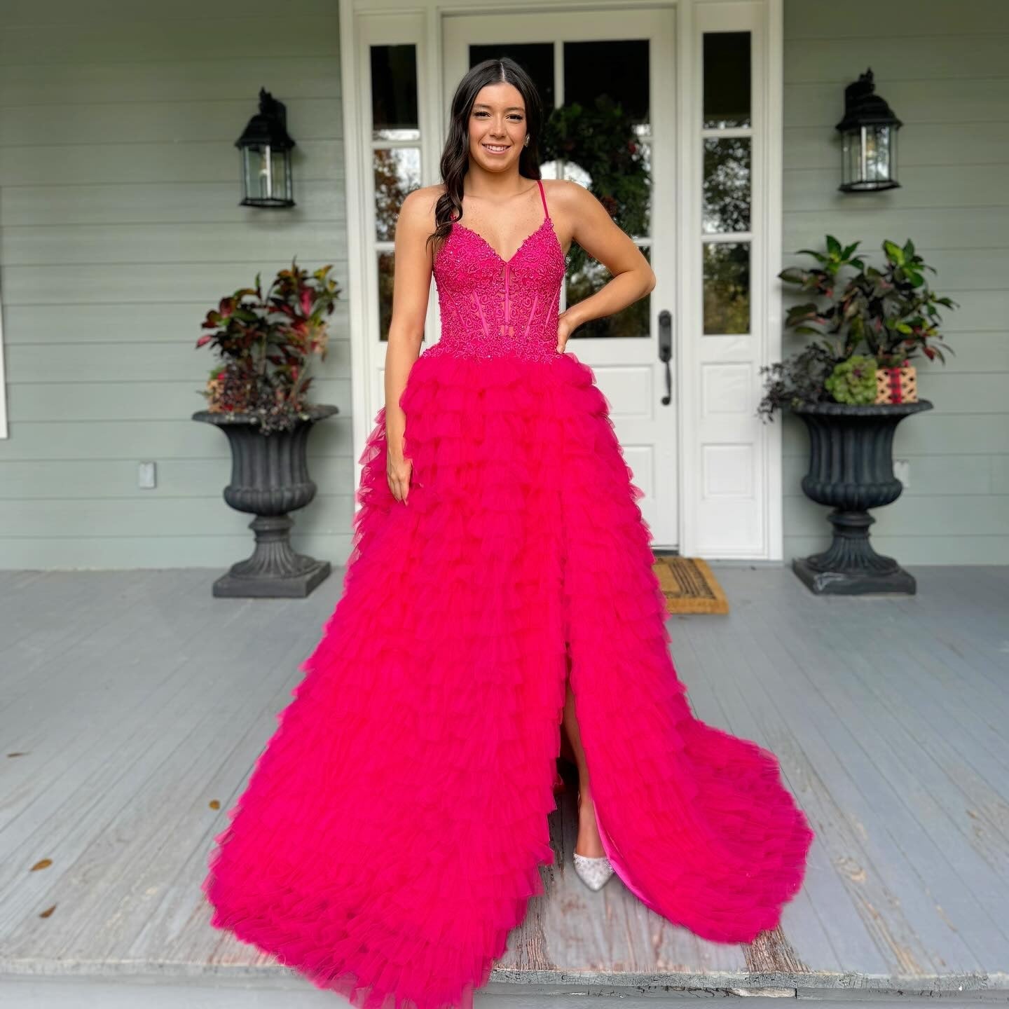 Tulle Ruffles A Line Prom Dresses Long for Women Lace Appliques Evening Gowns