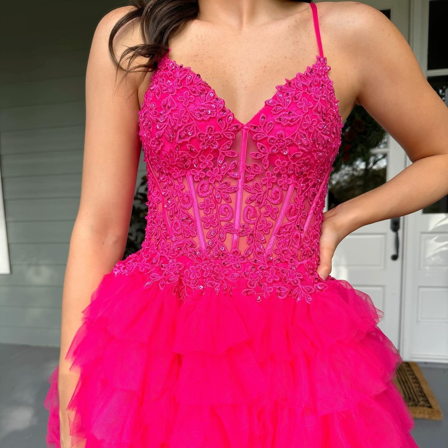Tulle Ruffles A Line Prom Dresses Long for Women Lace Appliques Evening Gowns