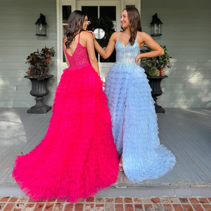 Tulle Ruffles A Line Prom Dresses Long for Women Lace Appliques Evening Gowns