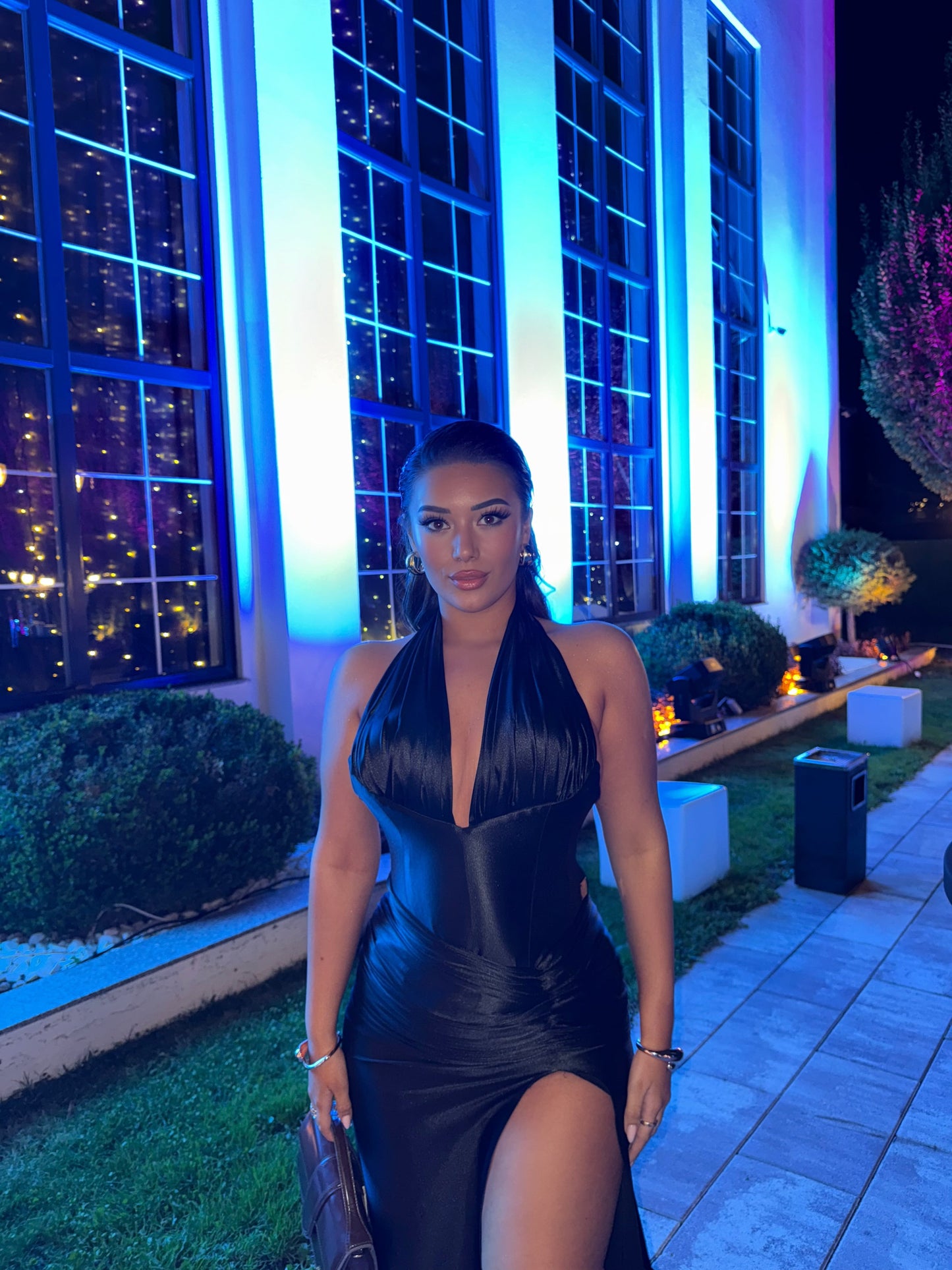 Black Halter  Sleeveless Neck Slit Evening Dress