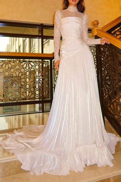 Shimmering Crepe Sheer Lace Ruched Party Maxi Dress