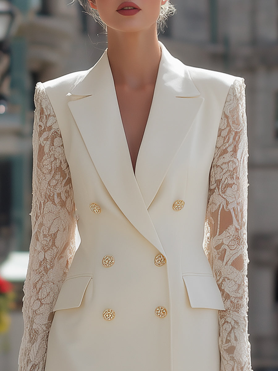 Elegant Lace Sleeve Double-Breasted Blazer Dress
