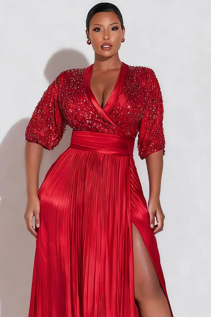 Red Wrap Neck Puff Sleeve Half Sleeve Split Elegant Contrast Sequin Maxi Dress
