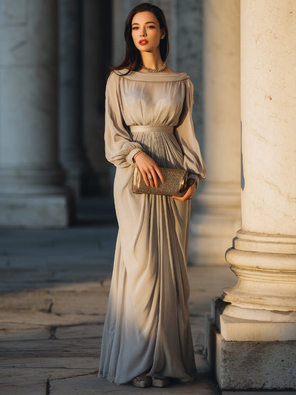 Draped Chiffon Off-Shoulder Goddess Evening Gown