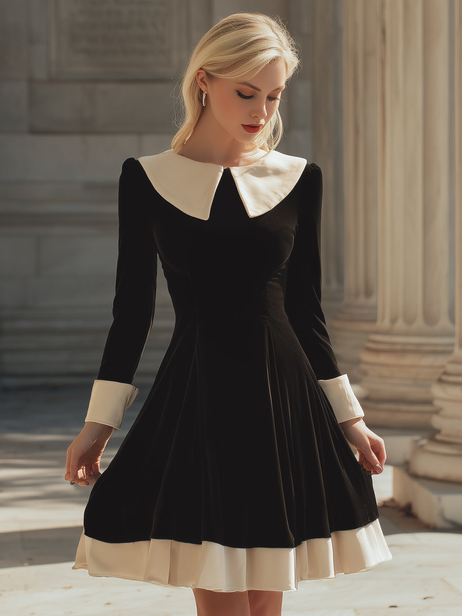 Vintage Contrast-Collar Velvet A-Line Dress