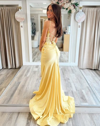 Mermaid Lace Beaded Long Prom Dresses V Neck Satin Evening Gowns