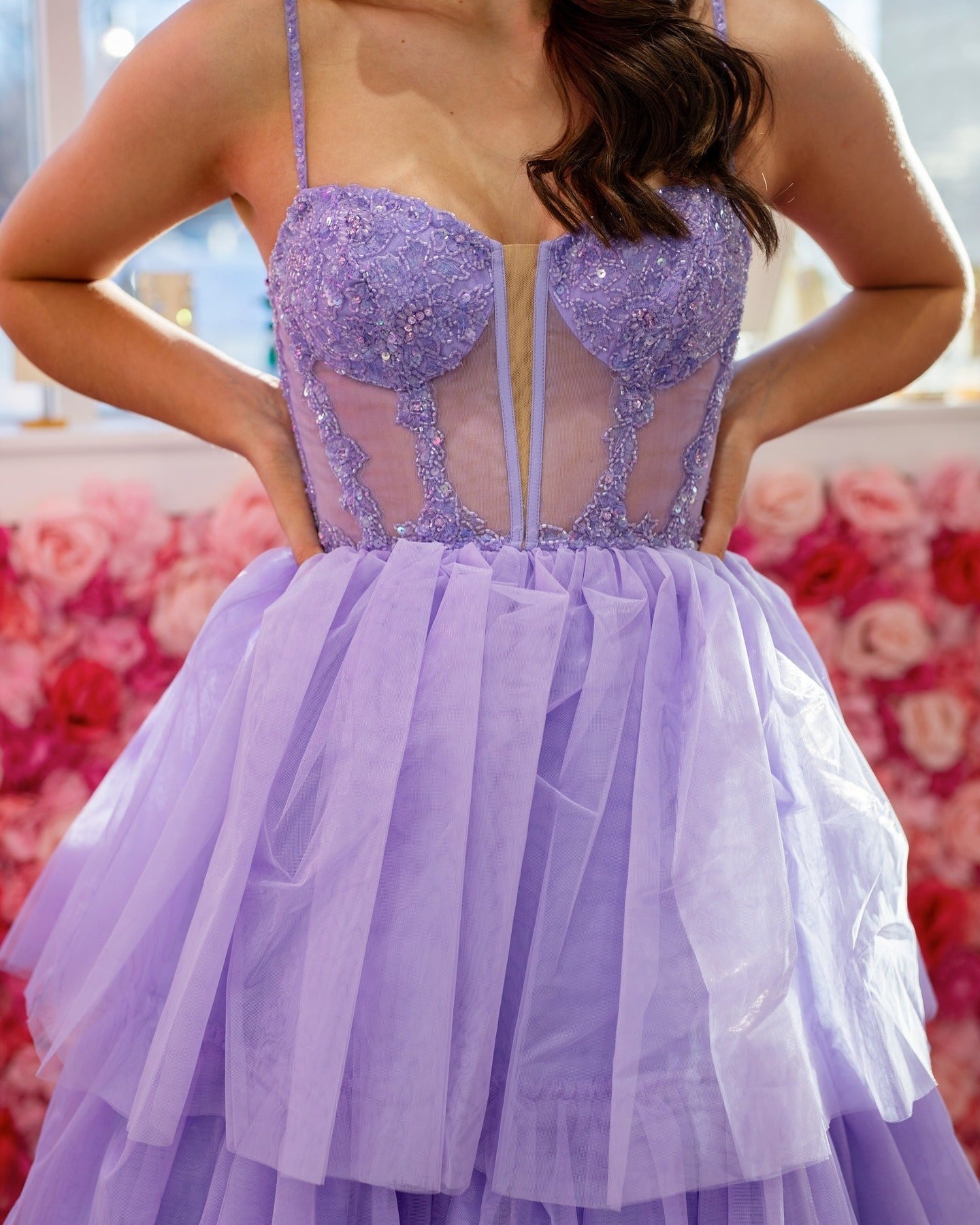 A Line Lilac Tulle Ruffles Prom Dresses Long Appliques Corset Evening Gowns