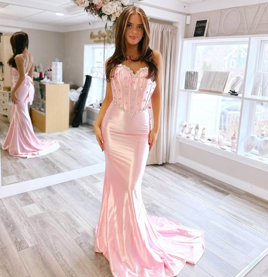 Mermaid Bodycon Sweetheart Satin Beaded Prom Dresses Long