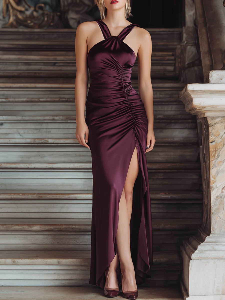 Burgundy Double-Strap Ruched Satin Gown