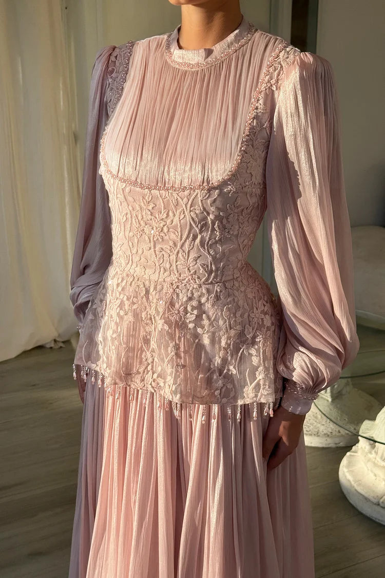 Flower Embroidery Beaded Tassel Pleated Party Maxi Dress