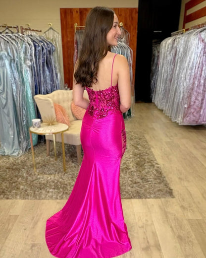 Satin Lace Beaded Prom Dresses Long