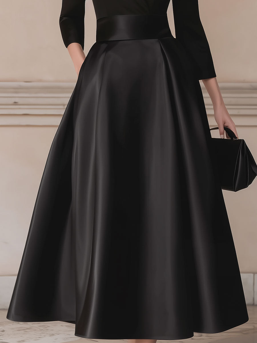 Elegant Black Satin Trench-Collar A-Line Midi Dress