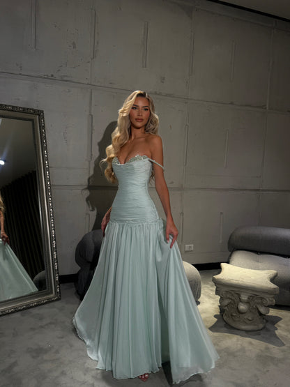 A-Line Sleeveless Strapless Flowing Mint Gown