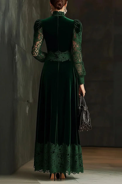 Water-Soluble Lace Trim High Neck Cinch Waist Velvet Maxi Dress