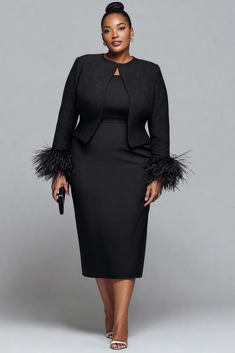 Cocktail Party Black Round Neck Long Sleeve Feather Elegant Two Piece Dress Set