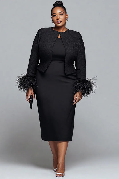 Cocktail Party Black Round Neck Long Sleeve Feather Elegant Two Piece Dress Set