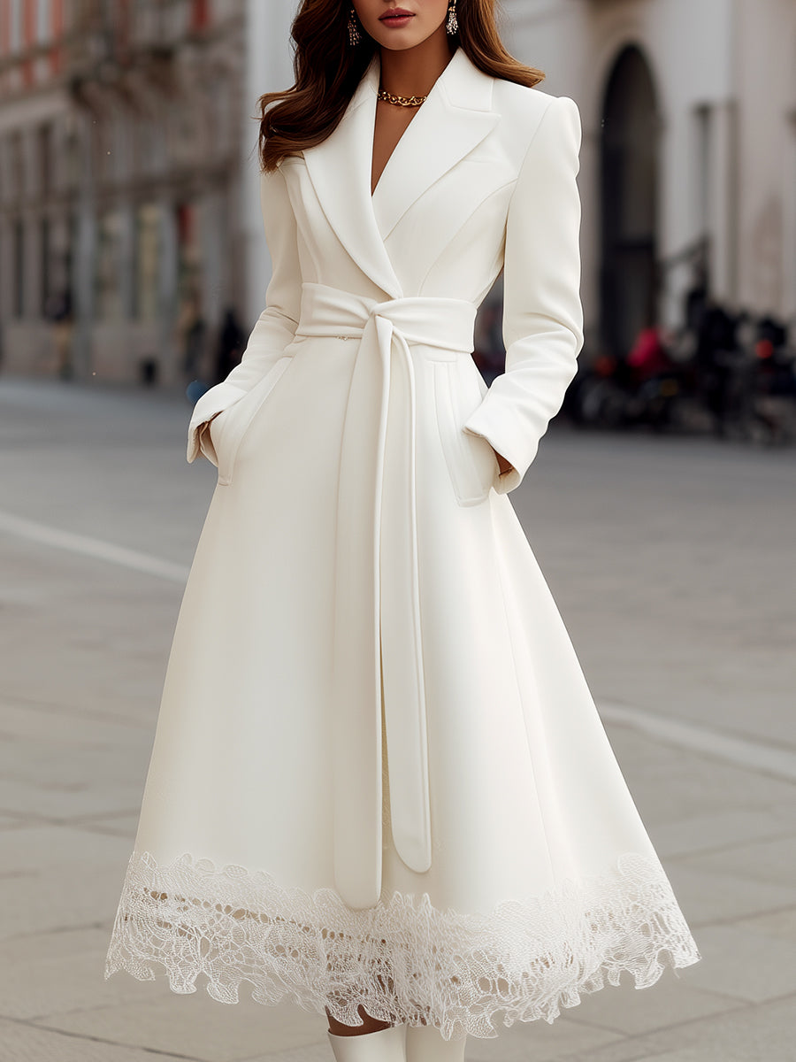 Elegant White Lace-Trim Belted Coat Dress