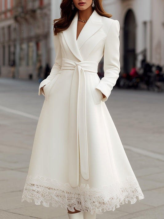 Elegant White Lace-Trim Belted Coat Dress