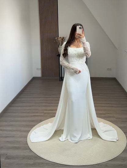 Long Sleeeves Square Appliques Evening Dress