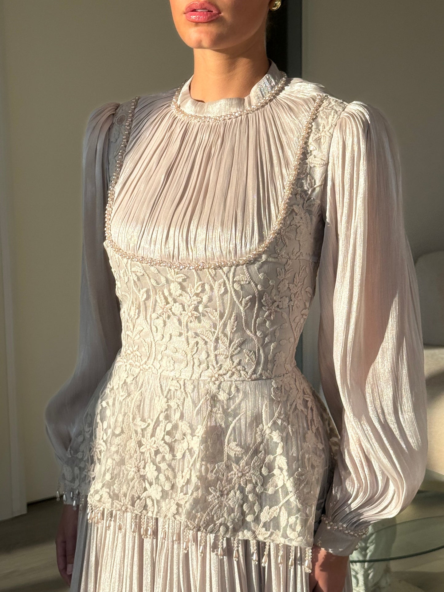 Ivory Vintage Long Sleeves Beaded Column Ruched Floor Length Formal Dress