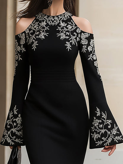 Elegant Black Cold-Shoulder Maxi Dress With Embroidery