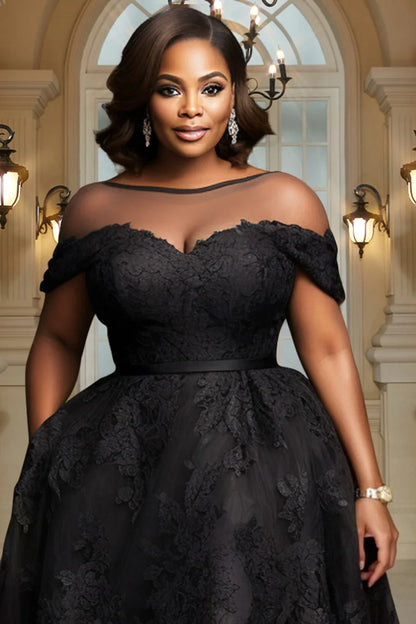 Mother Of The Bride Black Round Neck Short Sleeve High Low Hem Elegant See Through Lace Midi Dress