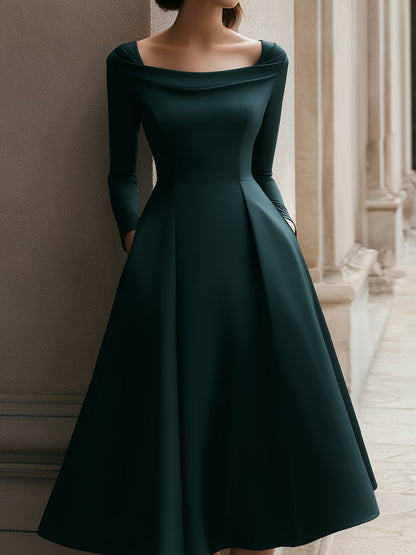 Off-Shoulder Pleated Forest Green Midi Dress