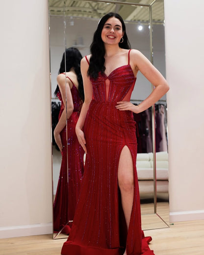 Mermaid Beaded Prom Dresses Long with Slit Corset Sequin Formal Gowns