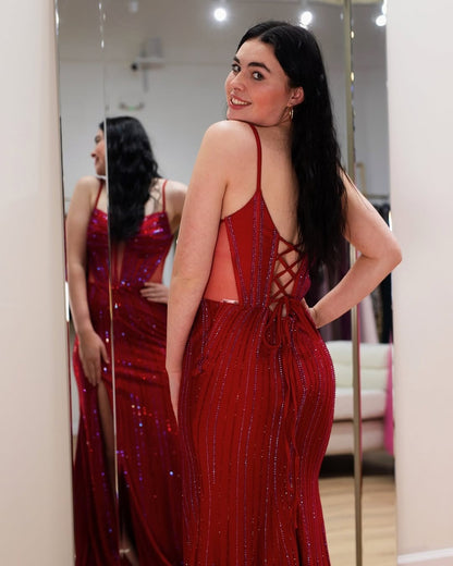 Mermaid Beaded Prom Dresses Long with Slit Corset Sequin Formal Gowns